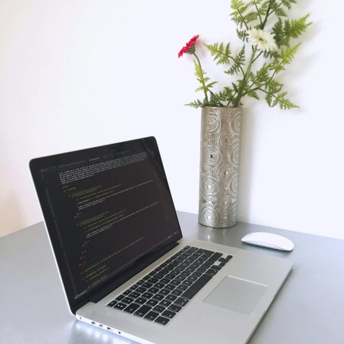 Laptop with programming code on screen beside a vase with flowers, creating a modern workspace.